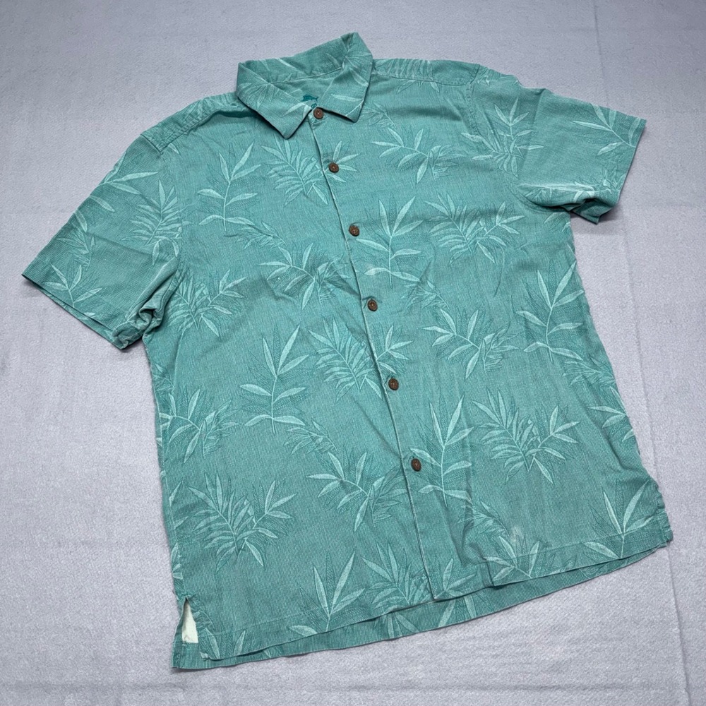 Tommy Bahama Silk Tropical Leaf Shirt Mens Large Teal Green Short Sleeve T316593